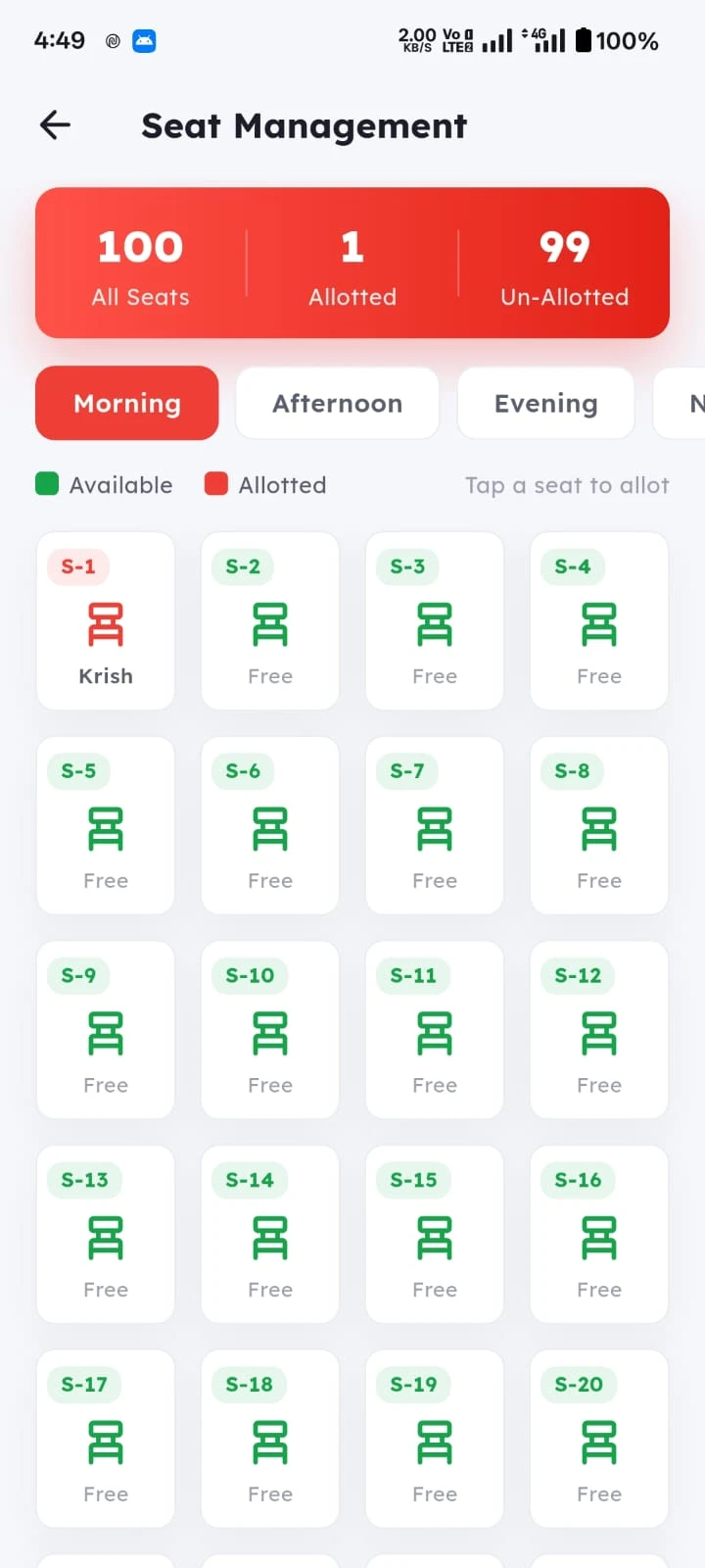 SuperLibrary seat management screen